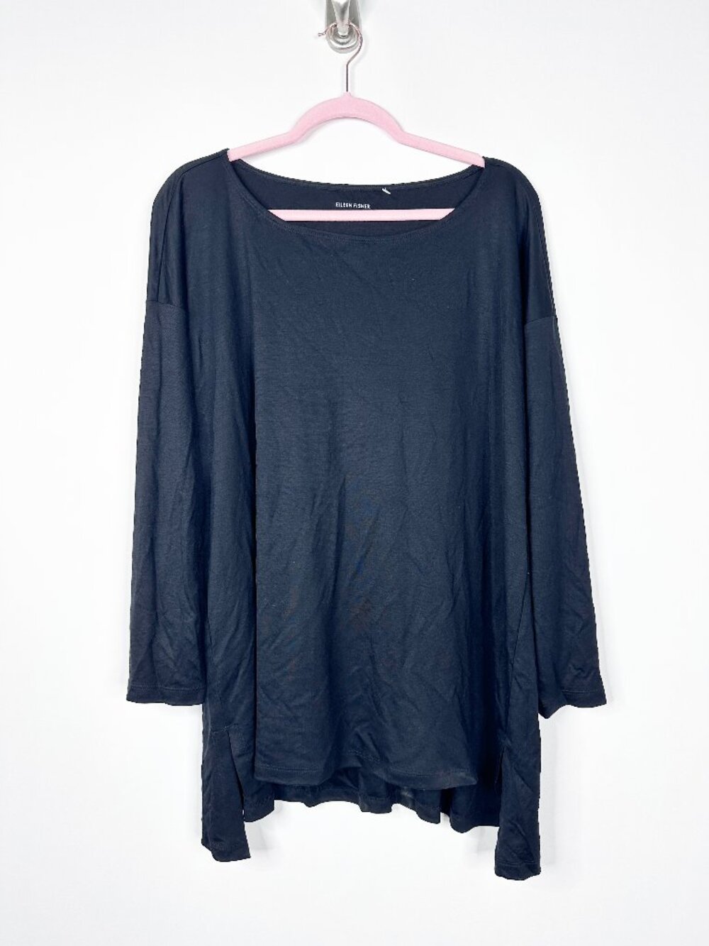 Eileen Fisher Bateau Neck High Low Tunic Top Long Sleeve Black XL #A2050 - Picture 2 of 6